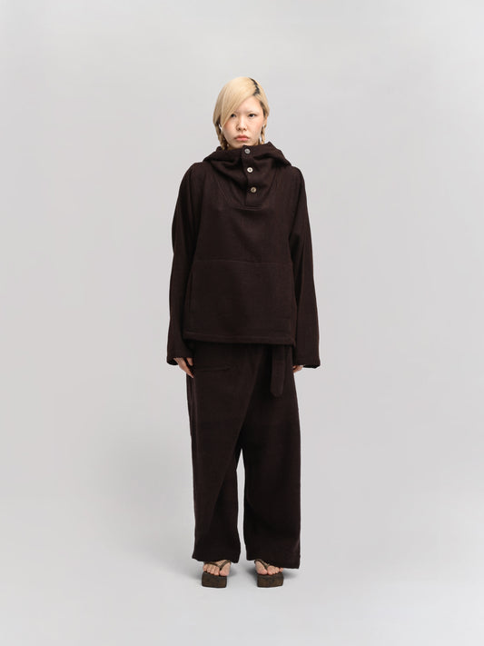 Fisherman Hoodie – Handwoven Wool – Chocolate Brown