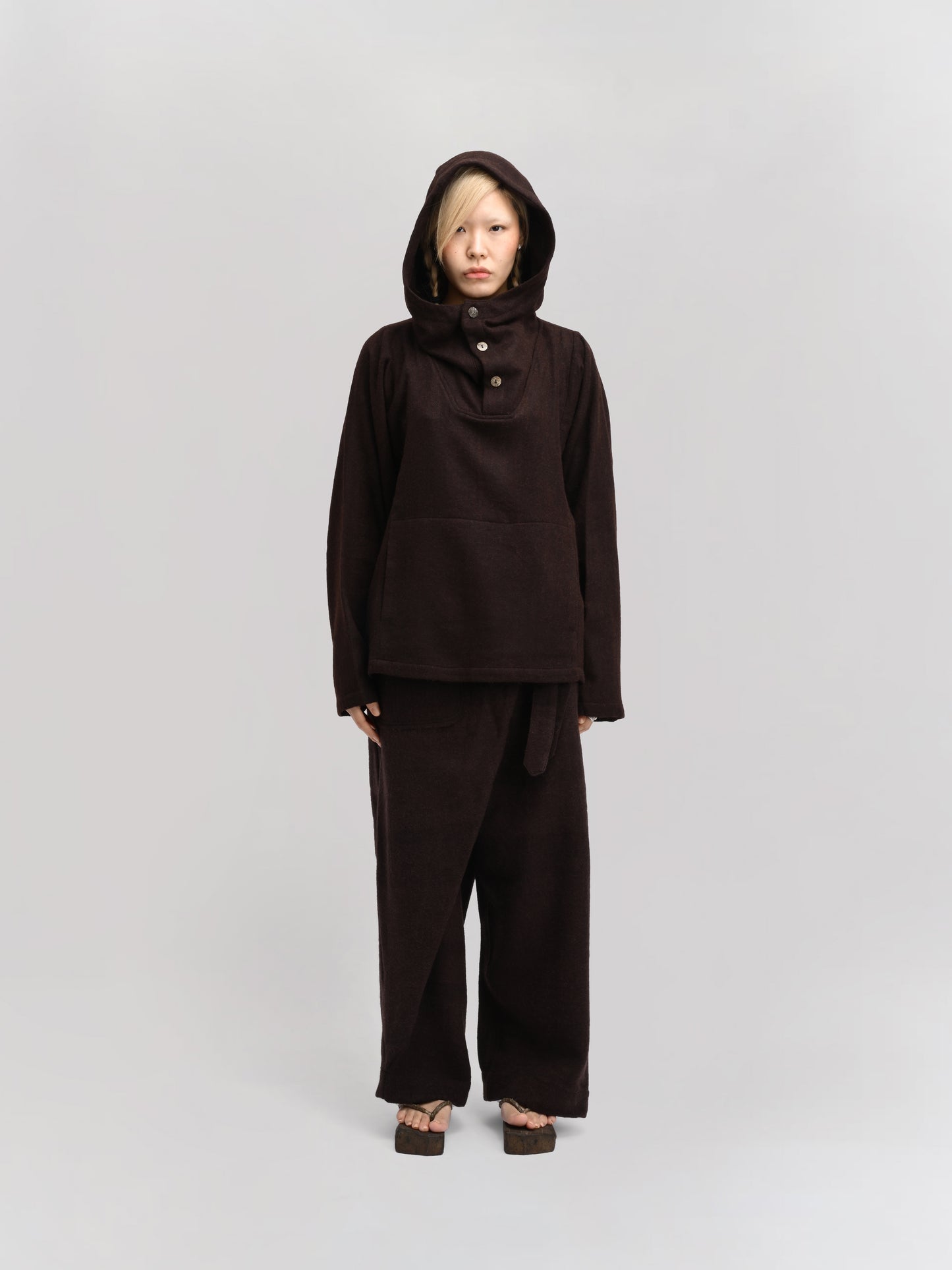 Fisherman Hoodie – Handwoven Wool – Chocolate Brown