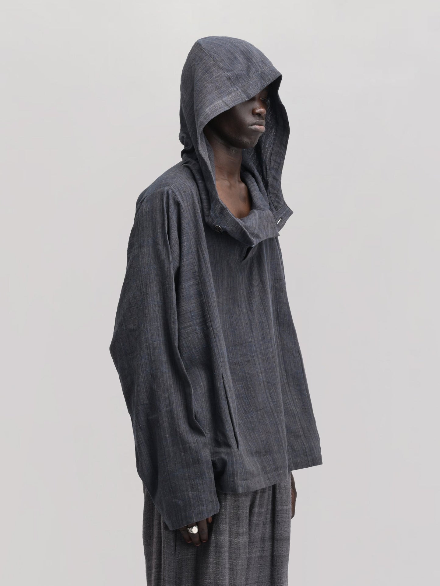 Fisherman Hoodie – Handwoven Cotton – Black & Blue