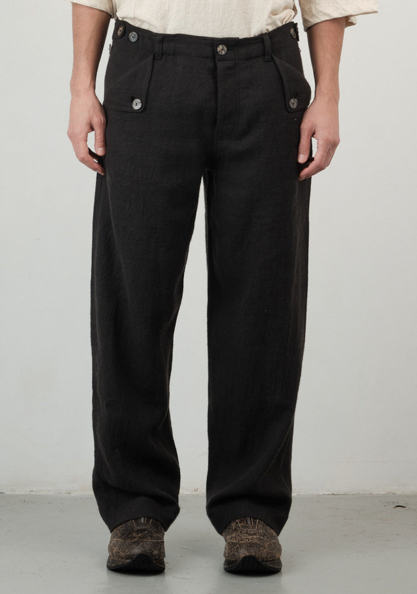 Three Button Pant – Brushed Japanese Wool Linen – Black