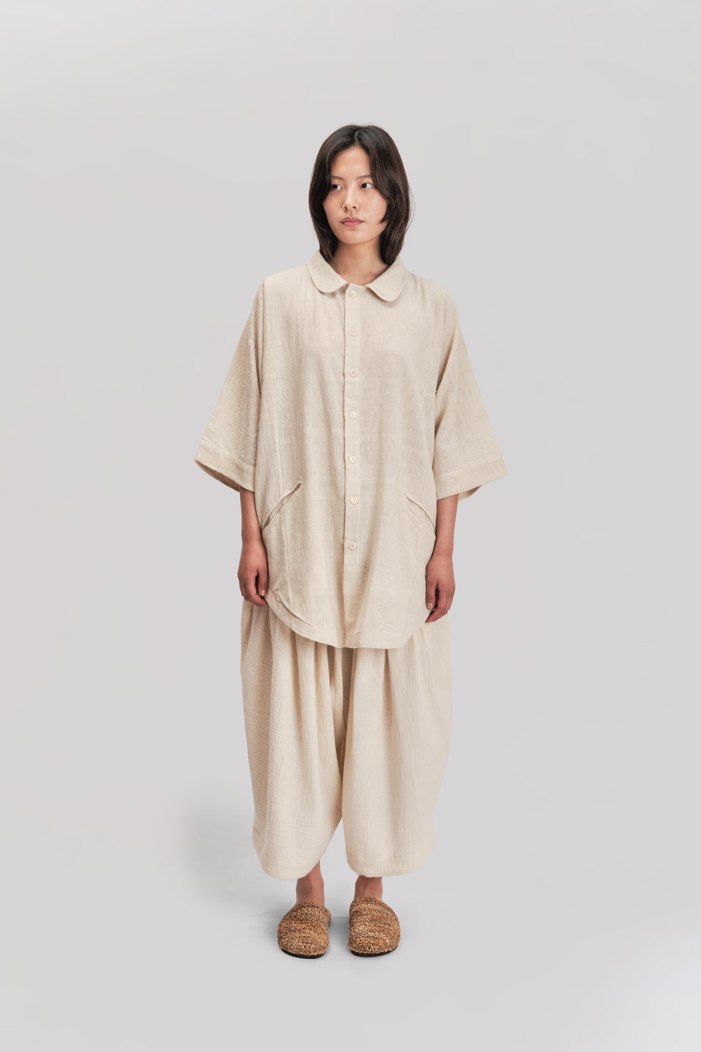 Short Sleeve Farmer Shirt – Handloom Kala Cotton – Natural