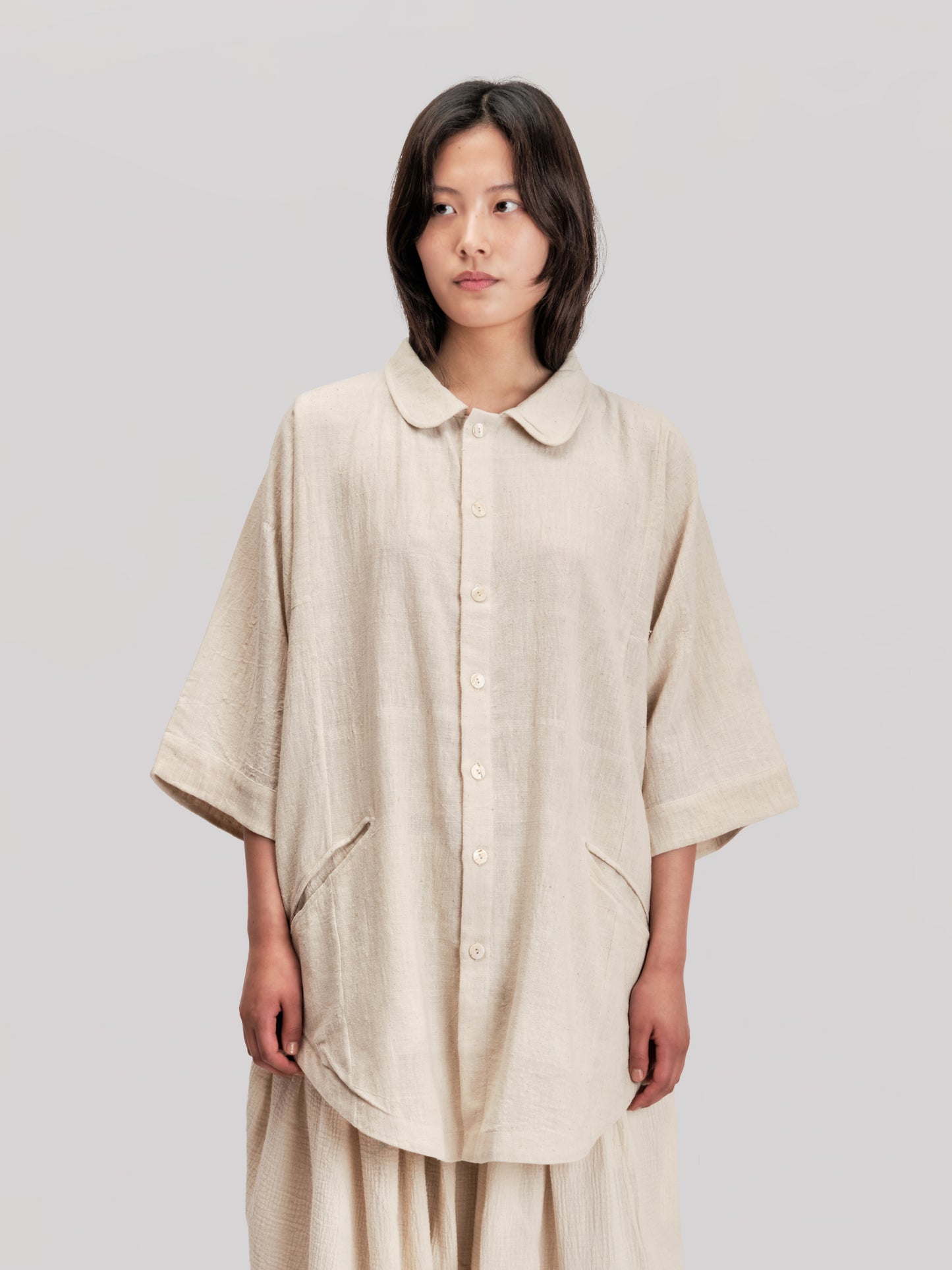 Short Sleeve Farmer Shirt – Handloom Kala Cotton – Natural