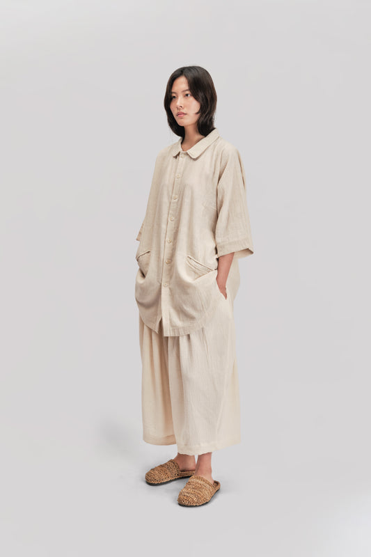 Short Sleeve Farmer Shirt – Handloom Kala Cotton – Natural