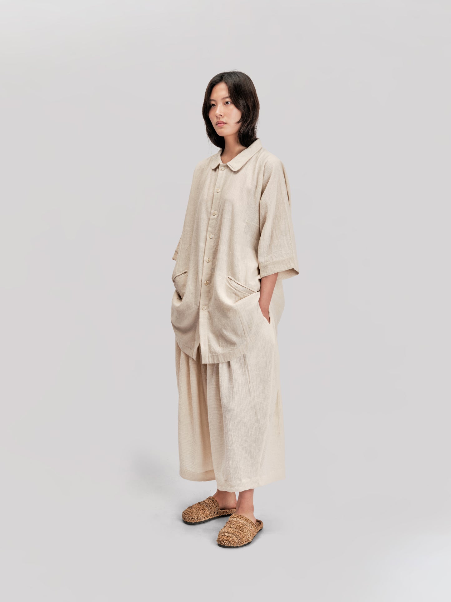 Short Sleeve Farmer Shirt – Handloom Kala Cotton – Natural