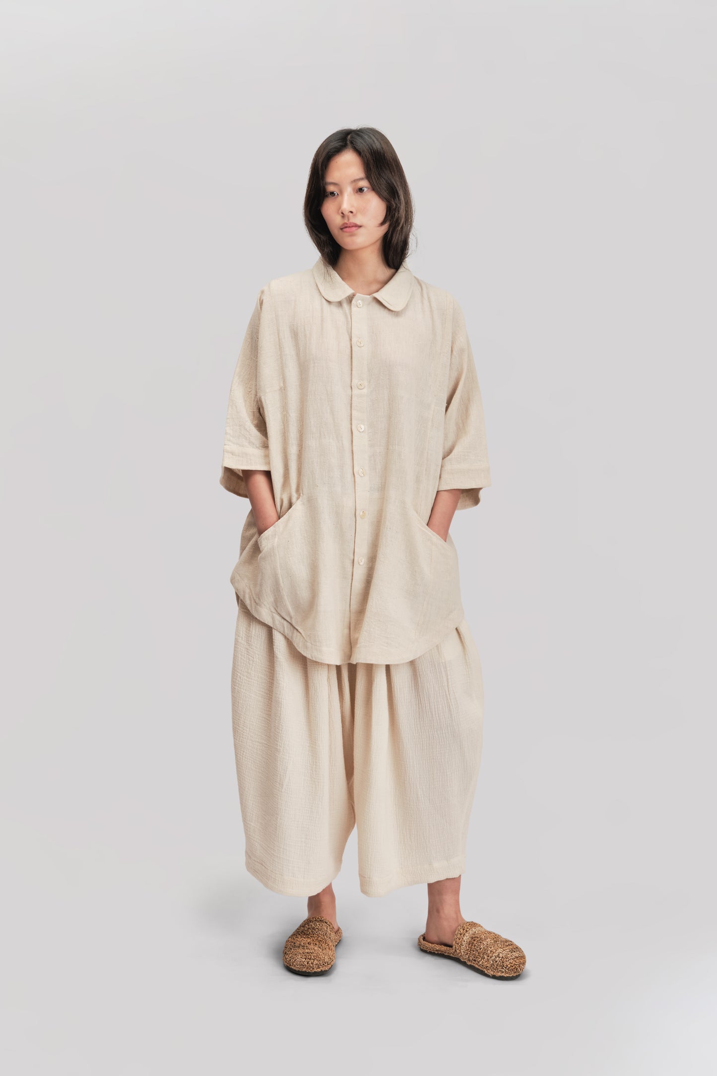 Short Sleeve Farmer Shirt – Handloom Kala Cotton – Natural