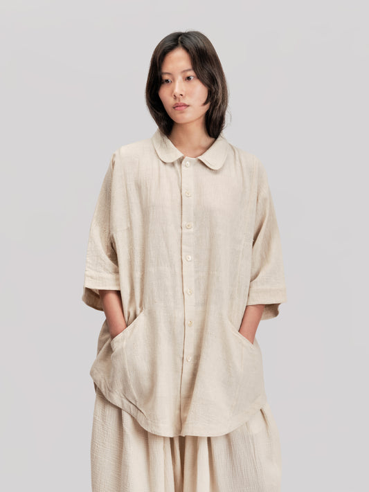 Short Sleeve Farmer Shirt – Handloom Kala Cotton – Natural