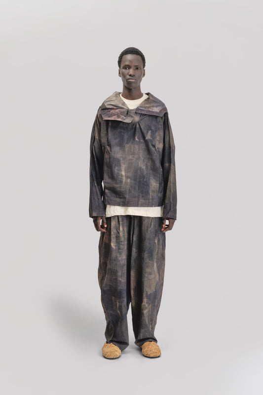 Fisherman Hoodie – Hand Painted Cotton Poplin – Dark Monet