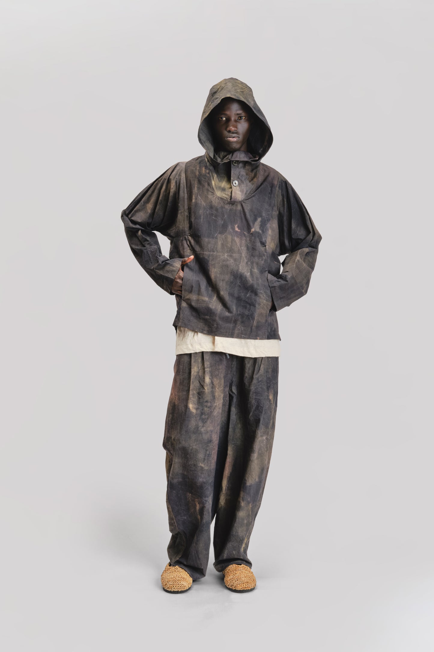 Fisherman Hoodie – Hand Painted Cotton Poplin – Dark Monet