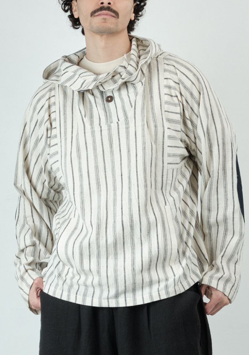 Fisherman Hoodie – Handwoven Striped Kala Cotton – Cream Stripe