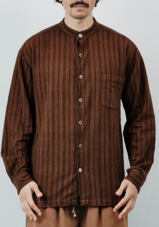 Classic Collarless Shirt – Handwoven Striped Kala Cotton – Brown