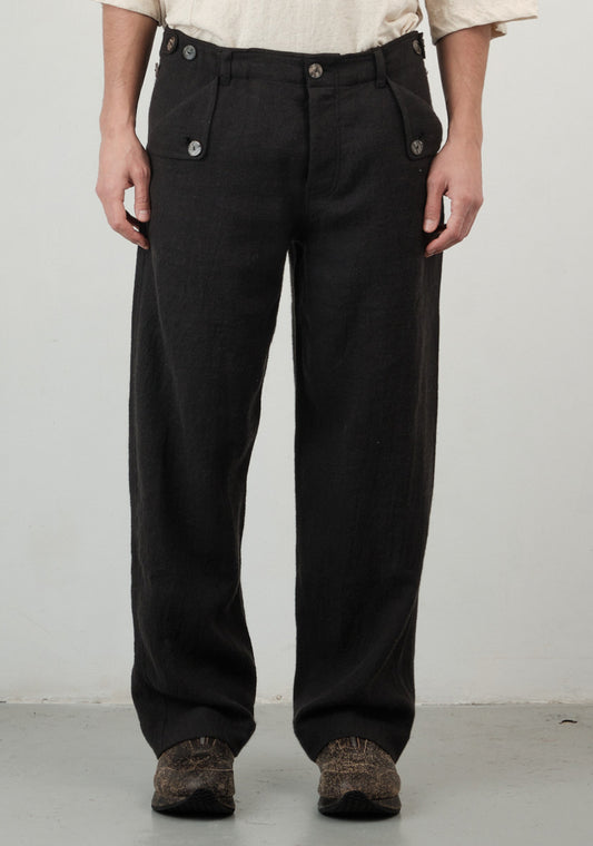 Three Button Pant – Brushed Japanese Wool Linen – Black