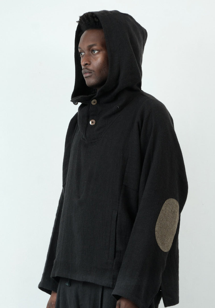 Fisherman Hoodie – Brushed Japanese Wool Linen – Black